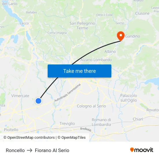 Roncello to Fiorano Al Serio map