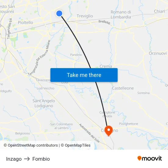 Inzago to Fombio map