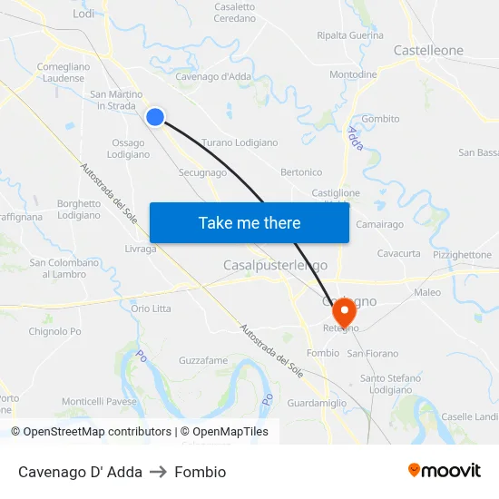 Cavenago D' Adda to Fombio map