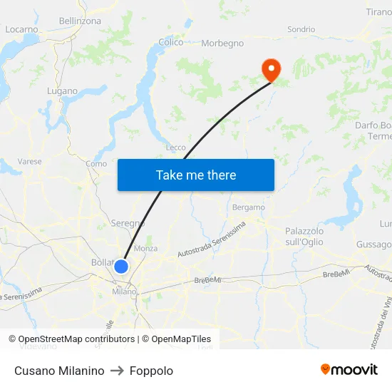 Cusano Milanino to Foppolo map