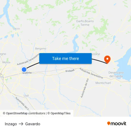 Inzago to Gavardo map