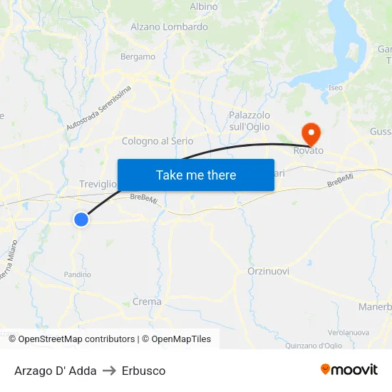 Arzago d'Adda to Erbusco map