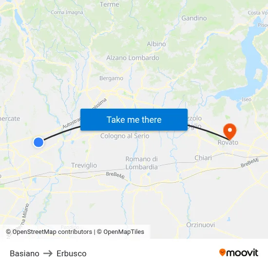 Basiano to Erbusco map