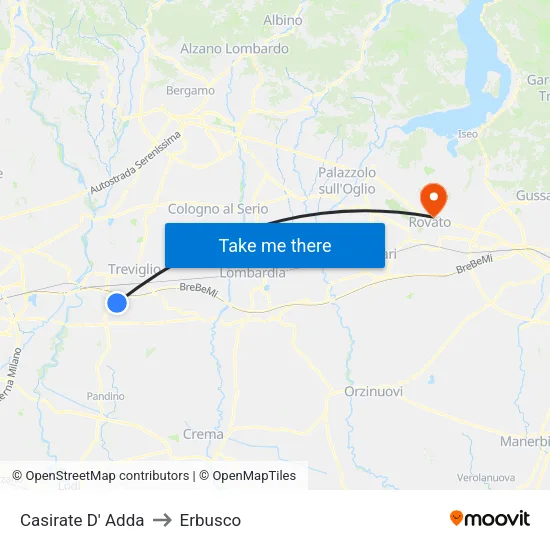 Casirate d'Adda to Erbusco map