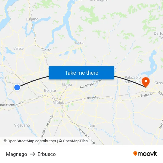 Magnago to Erbusco map