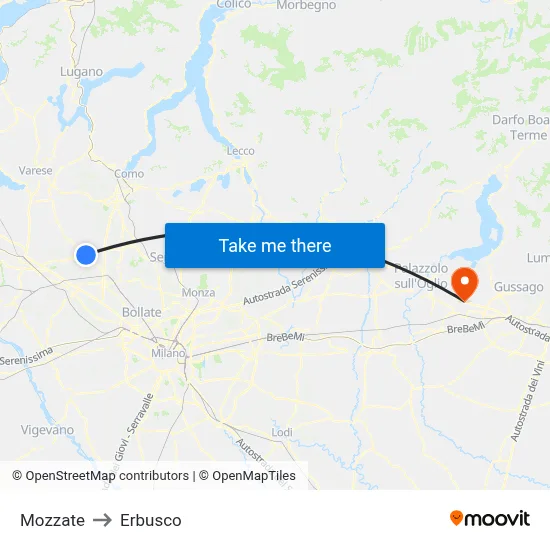 Mozzate to Erbusco map