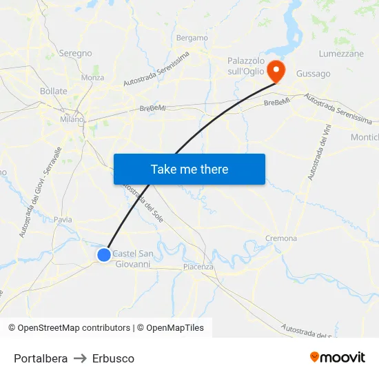 Portalbera to Erbusco map