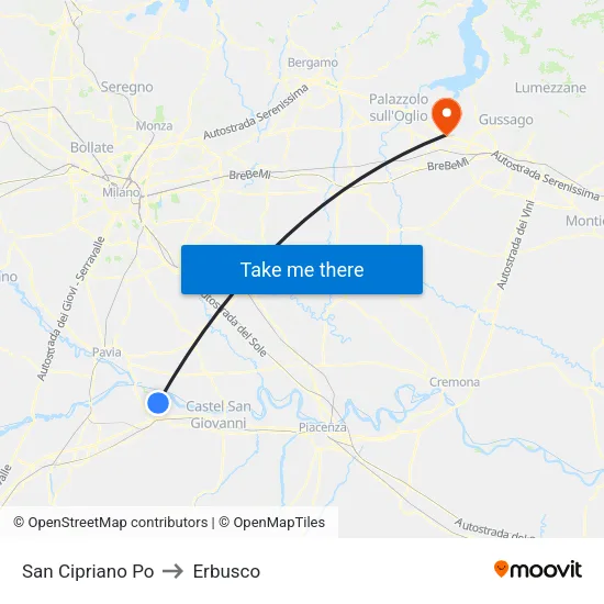 San Cipriano Po to Erbusco map