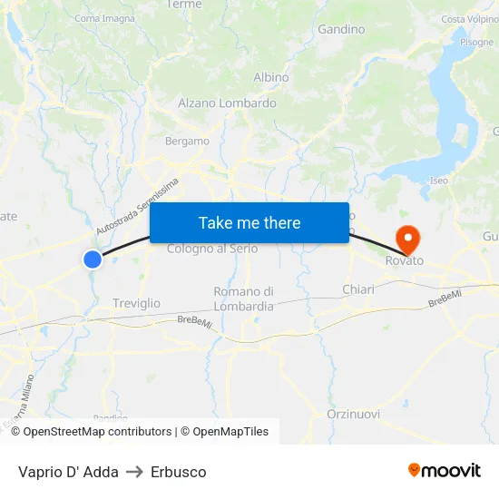 Vaprio D' Adda to Erbusco map