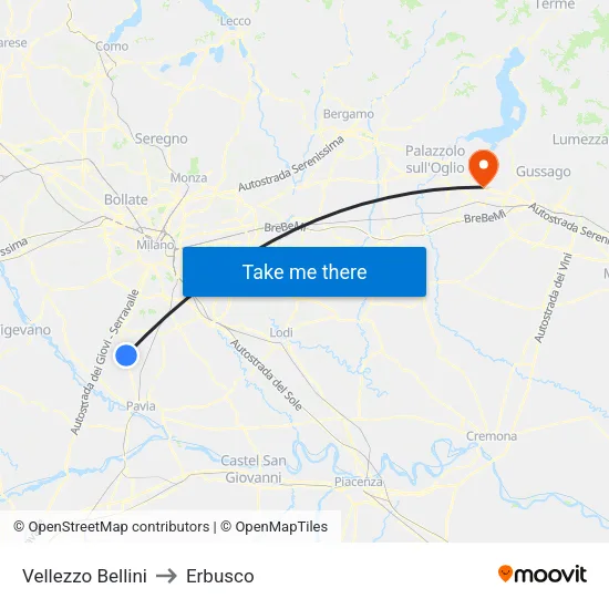 Vellezzo Bellini to Erbusco map