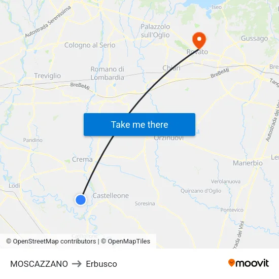 Moscazzano to Erbusco map