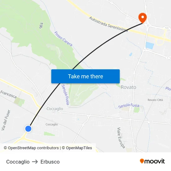 Coccaglio to Erbusco map