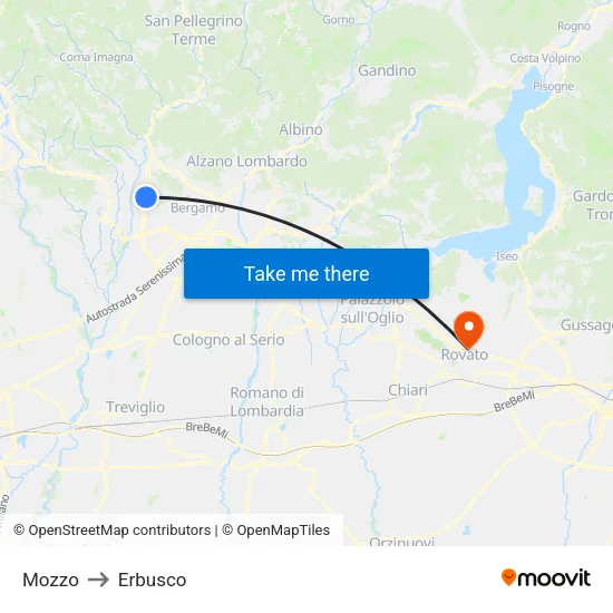 Mozzo to Erbusco map