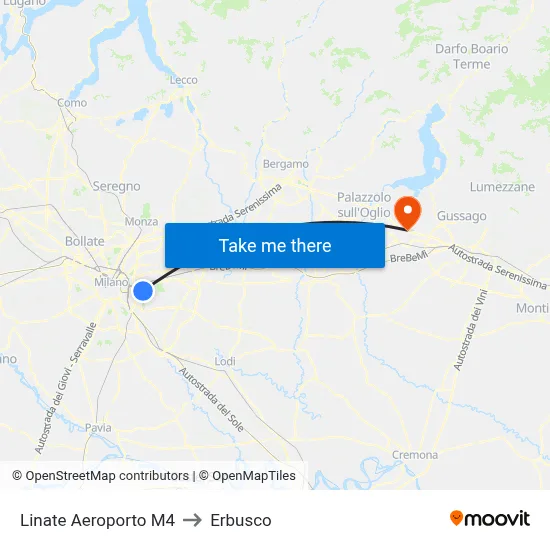 Linate Airport M4 to Erbusco map
