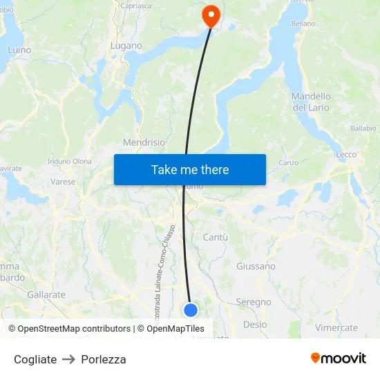 Cogliate to Porlezza map
