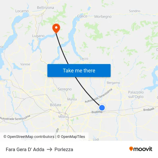 Fara Gera D' Adda to Porlezza map