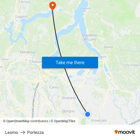 Lesmo to Porlezza map