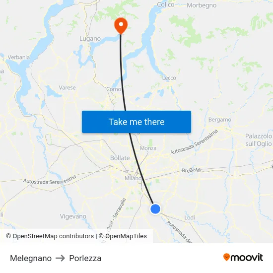 Melegnano to Porlezza map