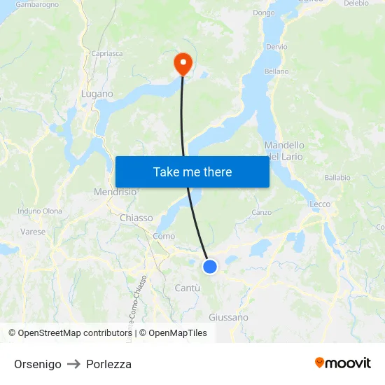 Orsenigo to Porlezza map