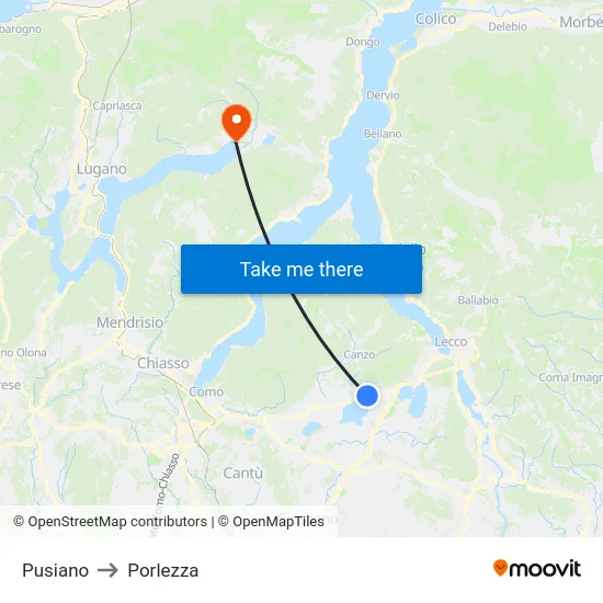 Pusiano to Porlezza map