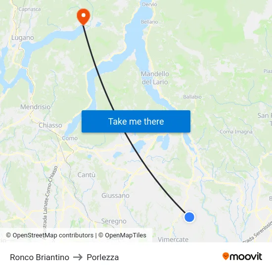 Ronco Briantino to Porlezza map