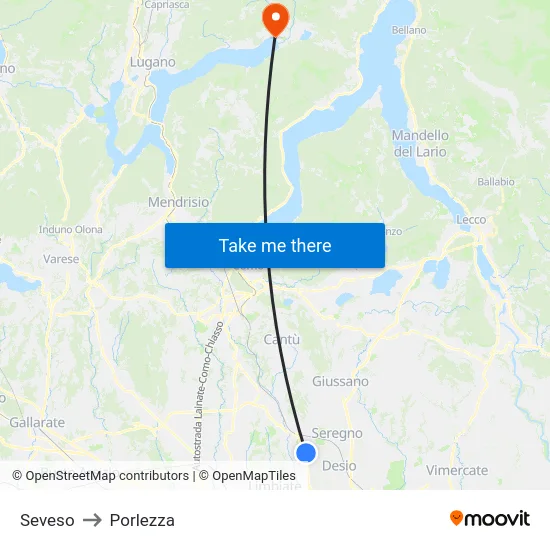 Seveso to Porlezza map