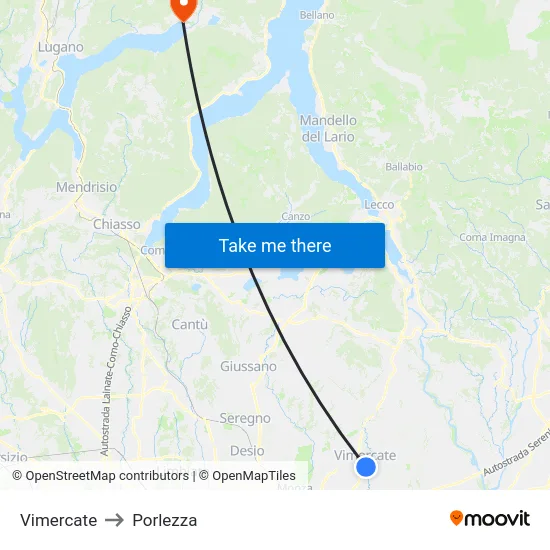 Vimercate to Porlezza map