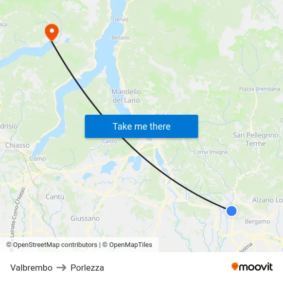 Valbrembo to Porlezza map