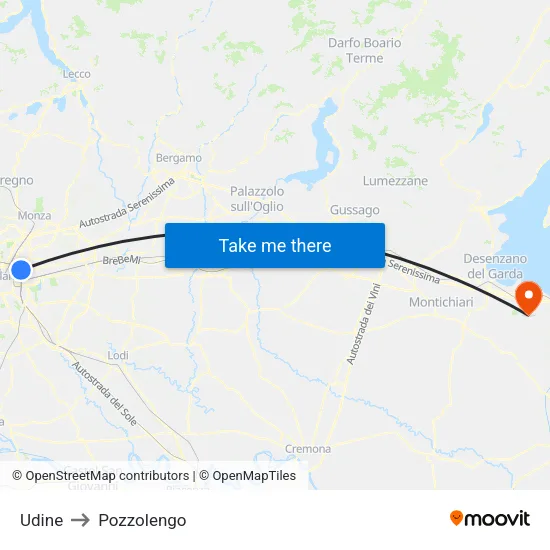 Udine to Pozzolengo map