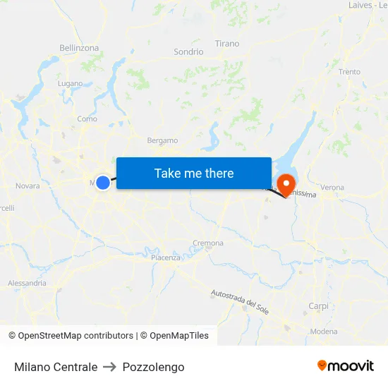 Milan Central to Pozzolengo map