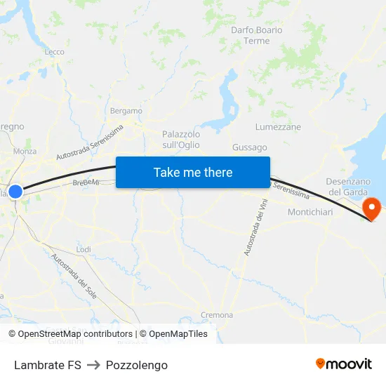 Lambrate Station to Pozzolengo map