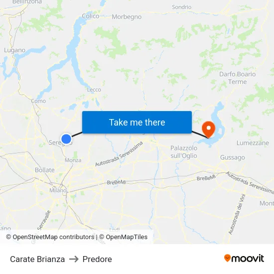 Carate Brianza to Predore map