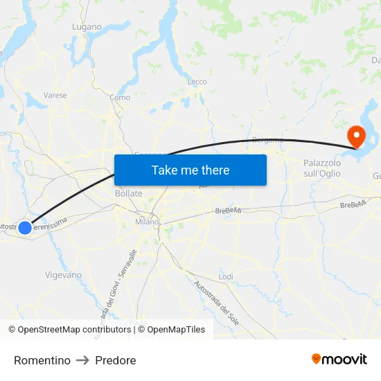 Romentino to Predore map