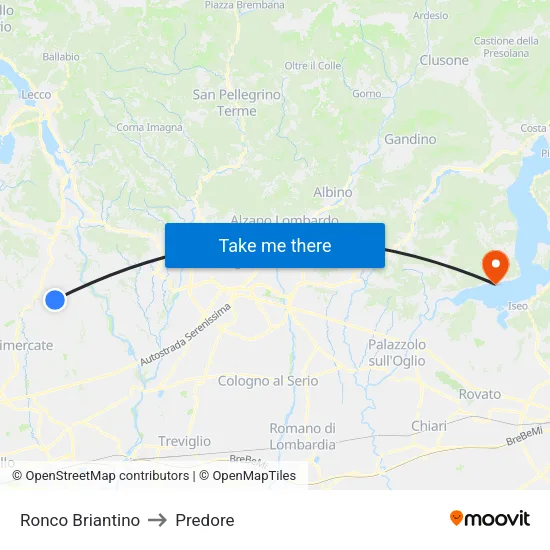 Ronco Briantino to Predore map