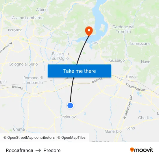 Roccafranca to Predore map