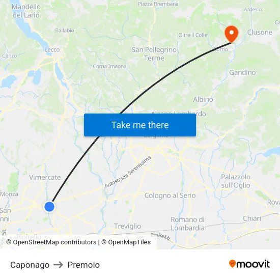 Caponago to Premolo map
