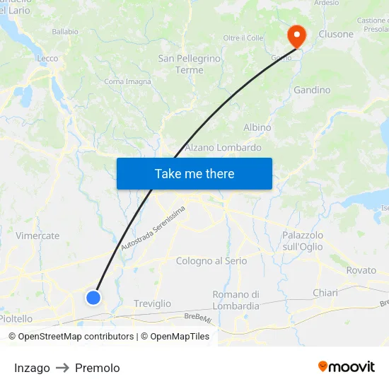 Inzago to Premolo map