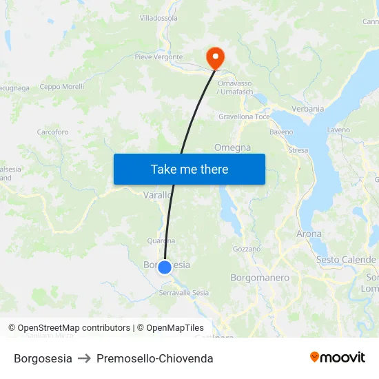 Borgosesia to Premosello-Chiovenda map