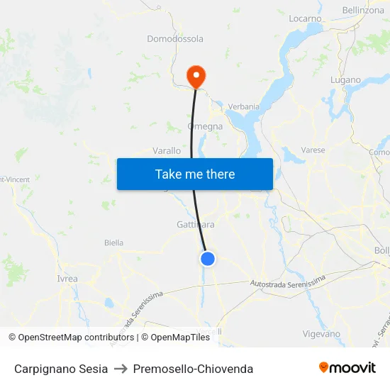 Carpignano Sesia to Premosello-Chiovenda map