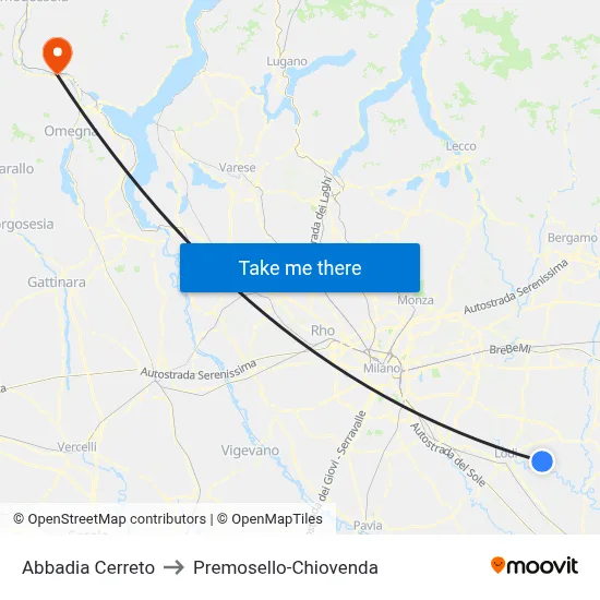Abbadia Cerreto to Premosello-Chiovenda map