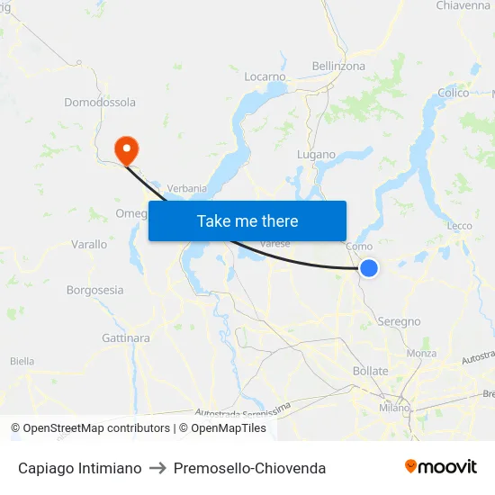 Capiago Intimiano to Premosello-Chiovenda map