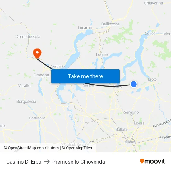 Caslino d'Erba to Premosello-Chiovenda map