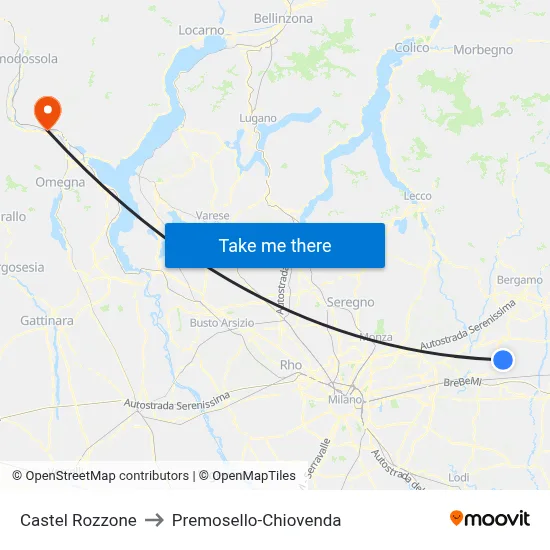 Castel Rozzone to Premosello-Chiovenda map