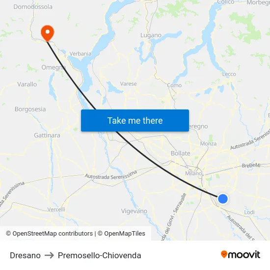 Dresano to Premosello-Chiovenda map