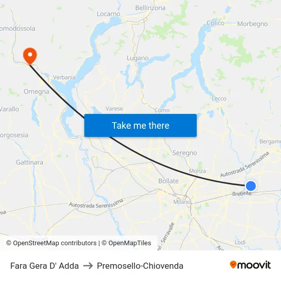 Fara Gera D' Adda to Premosello-Chiovenda map