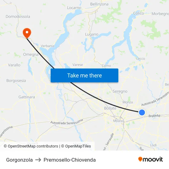 Gorgonzola to Premosello-Chiovenda map