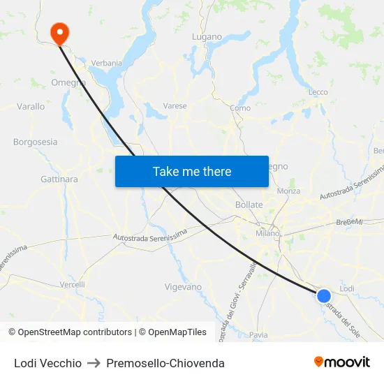 Lodi Vecchio to Premosello-Chiovenda map