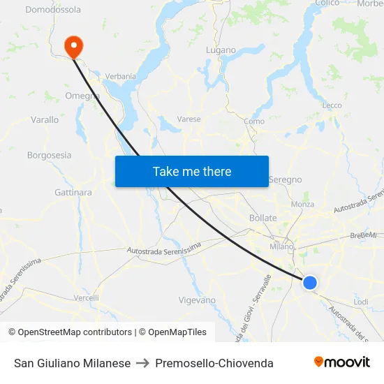 San Giuliano Milanese to Premosello-Chiovenda map