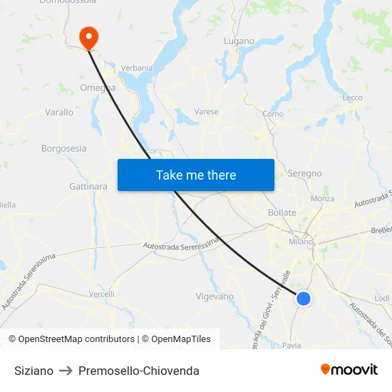 Siziano to Premosello-Chiovenda map