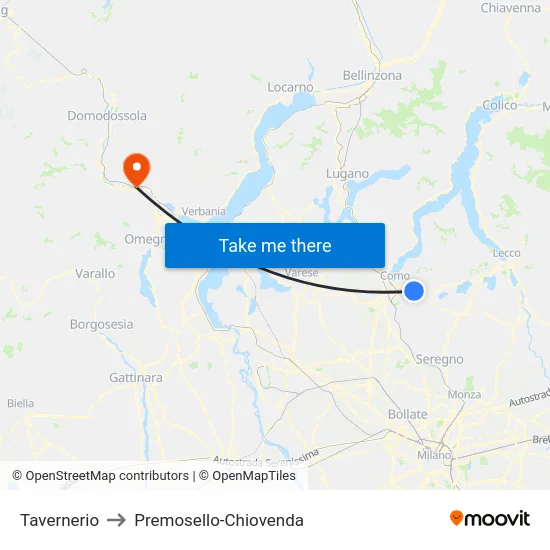 Tavernerio to Premosello-Chiovenda map